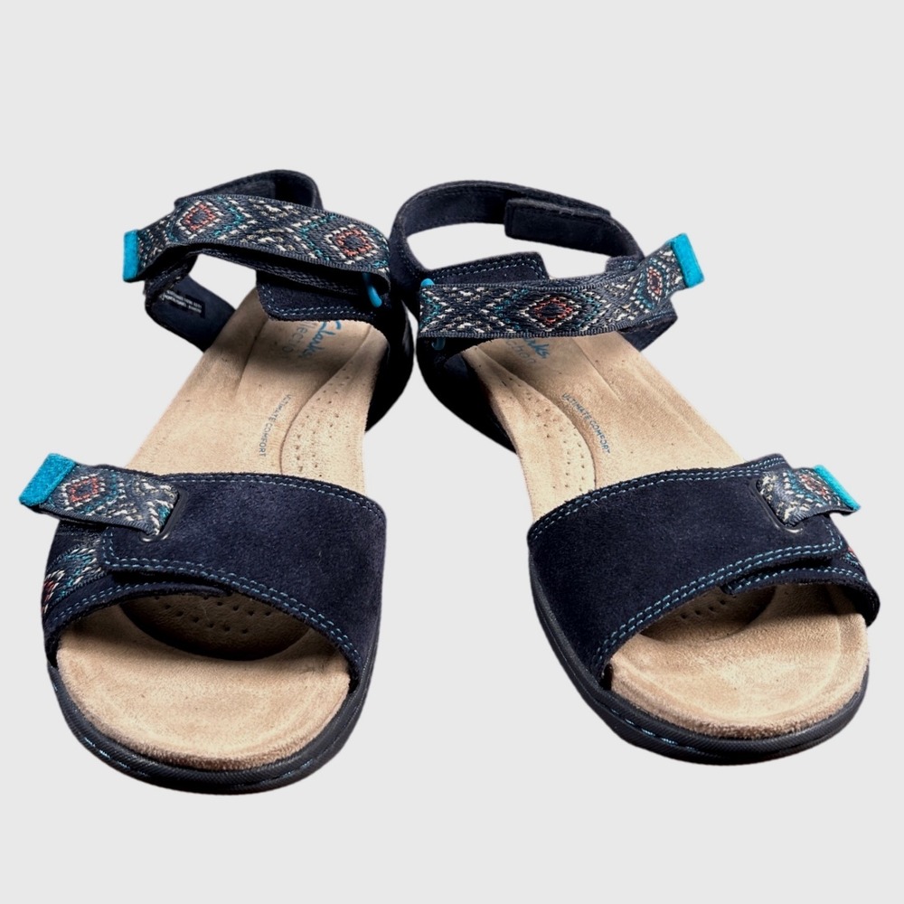 Clarks Collection Leisa Janna Navy Suede Embroidered Walking Sandals Womens 8W